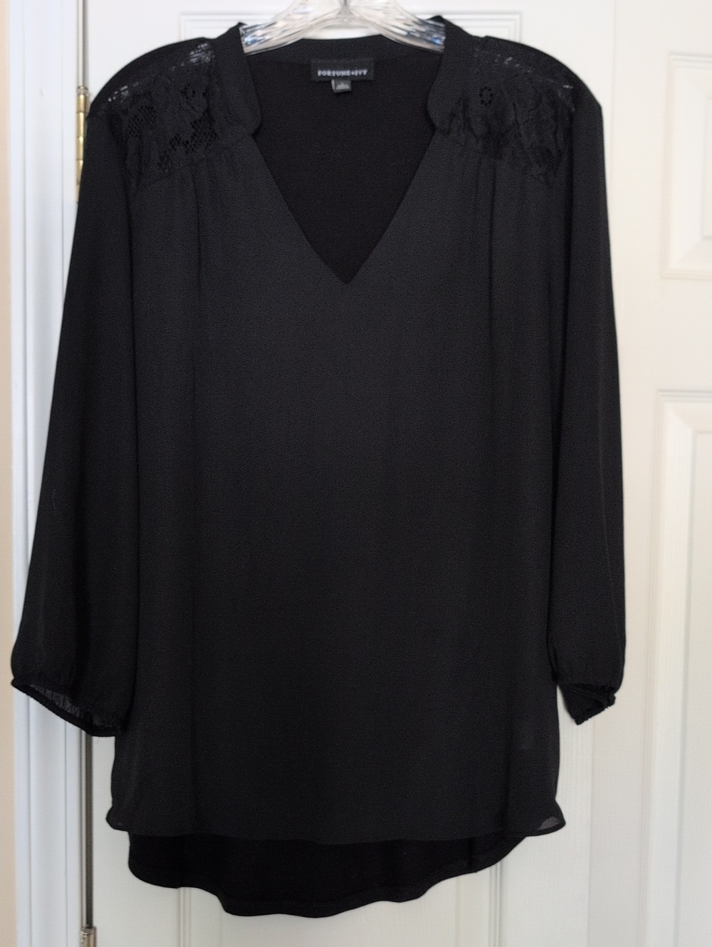 Fortune + Ivy Black V-Neck Lace Shoulder Blouse